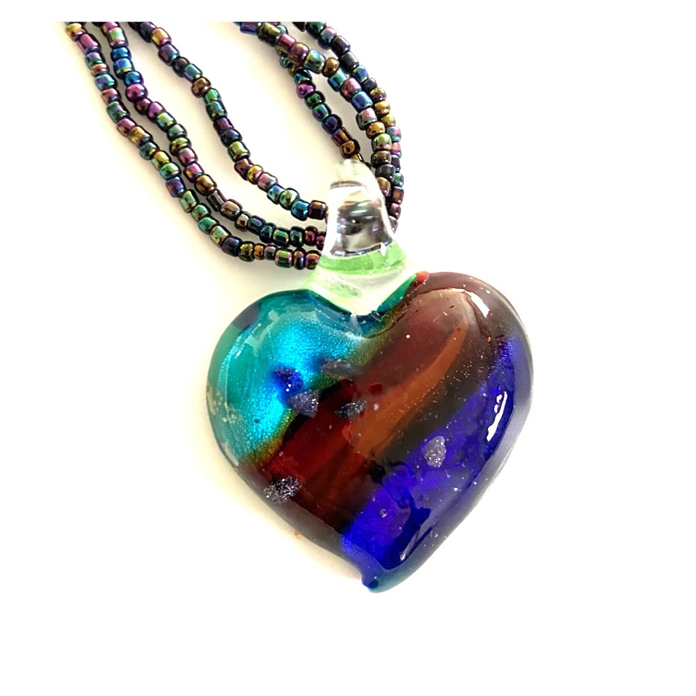 Gorgeous Multicolored glass heart hanging on beaded strand